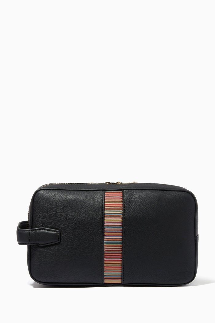 Signature Stripe Wash Bag in Leather, Black