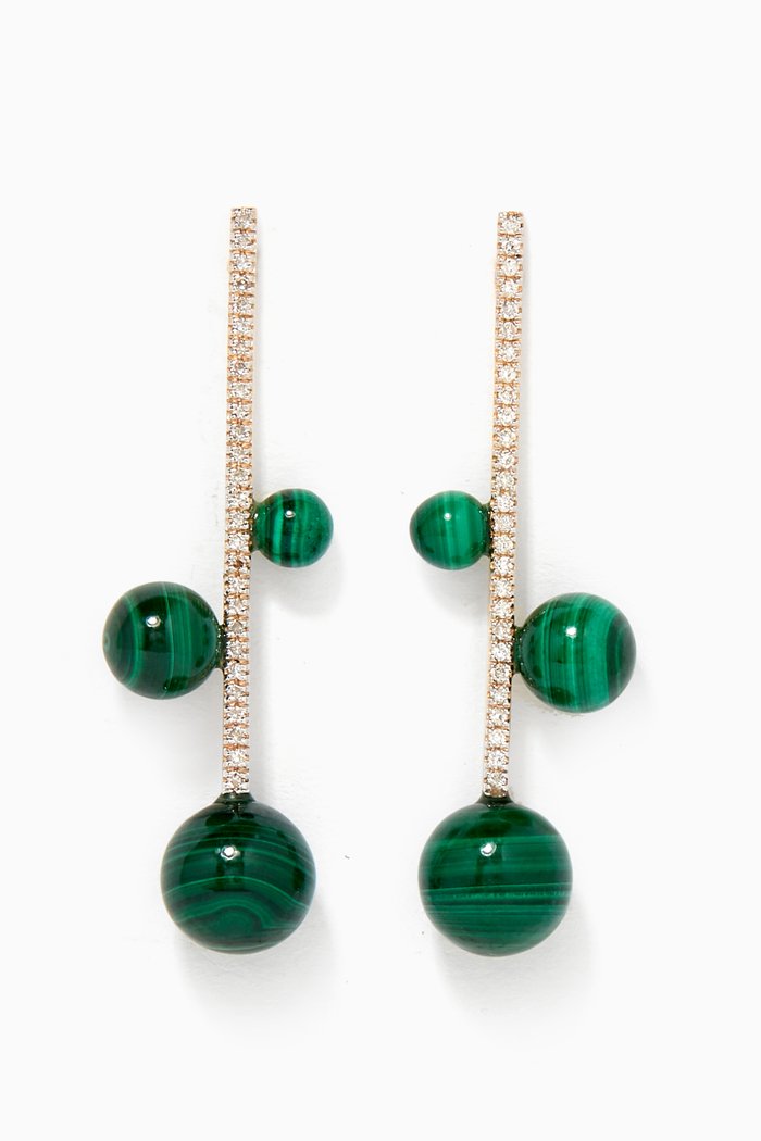 

Diamond Bar Trio Malachite Earrings in 14kt Yellow Gold, Green