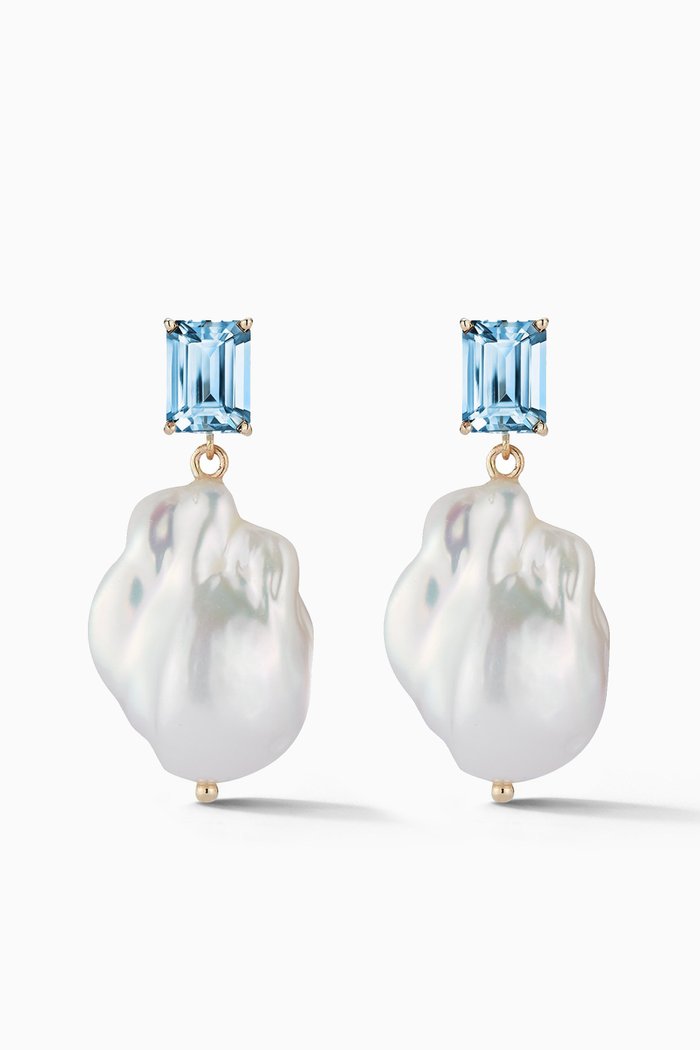 

Blue Topaz & Baroque Pearl Drop Earrings in 14kt Yellow Gold