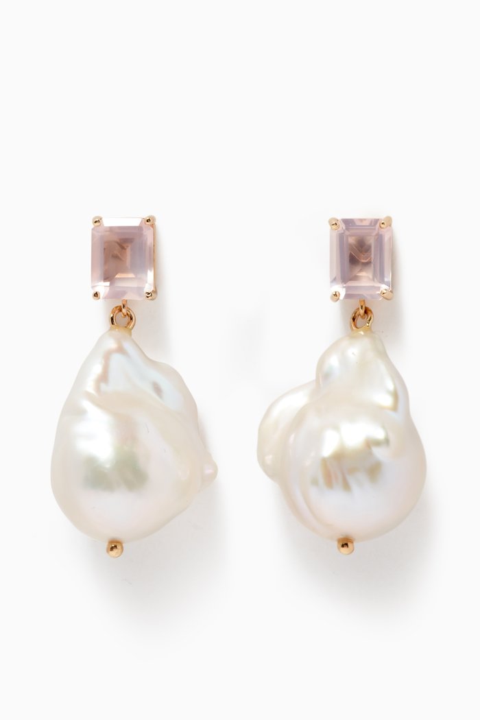 

Pink Topaz & Baroque Pearl Drop Earrings in 14kt Yellow Gold