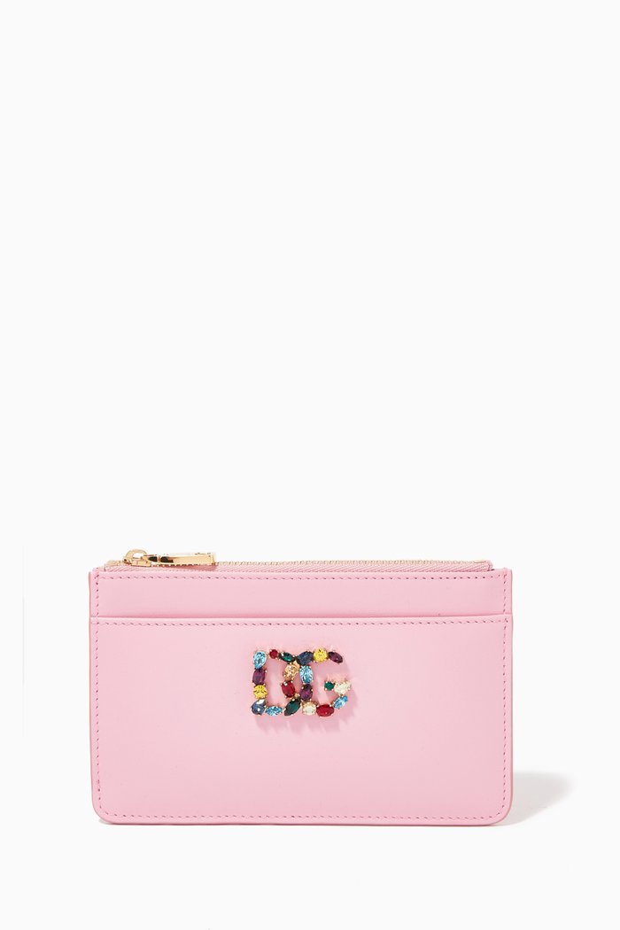 

DG Crystal Logo Card Holder in Leather, Pink