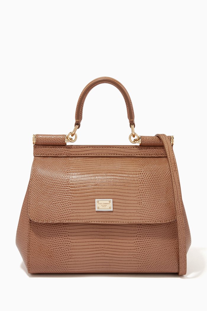 

Small Sicily Bag in Iguana Printed Leather, Brown