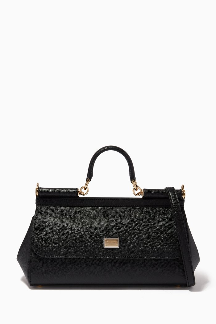 

Sicily Long Medium Top Handle Bag in Dauphine Leather, Black