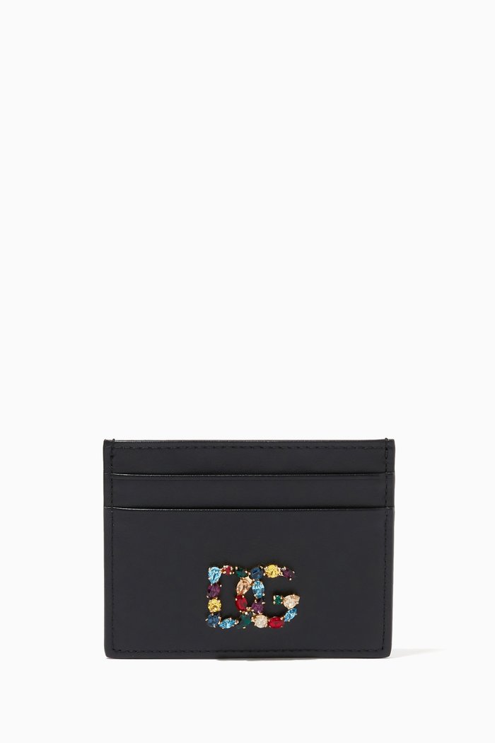 DG Crystal Interlock Logo Card Holder in Leather, Black