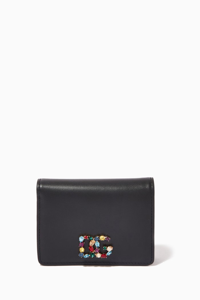 Embellished Logo Wallet in Calfskin Leather, Black