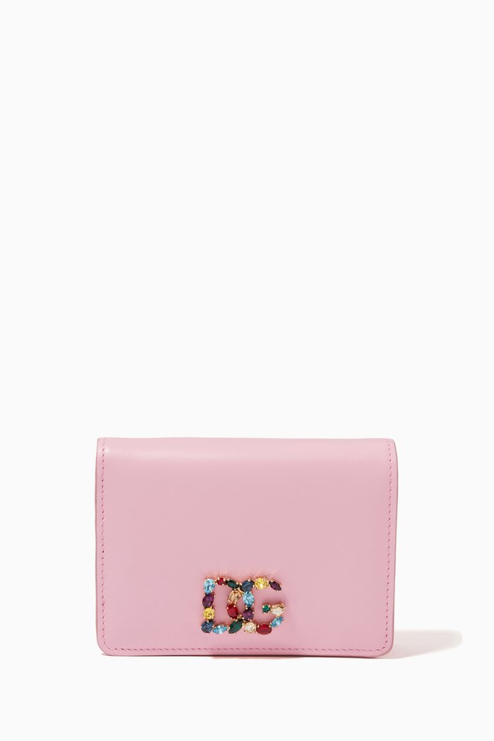 

Embellished Logo Wallet in Calfskin Leather, Pink