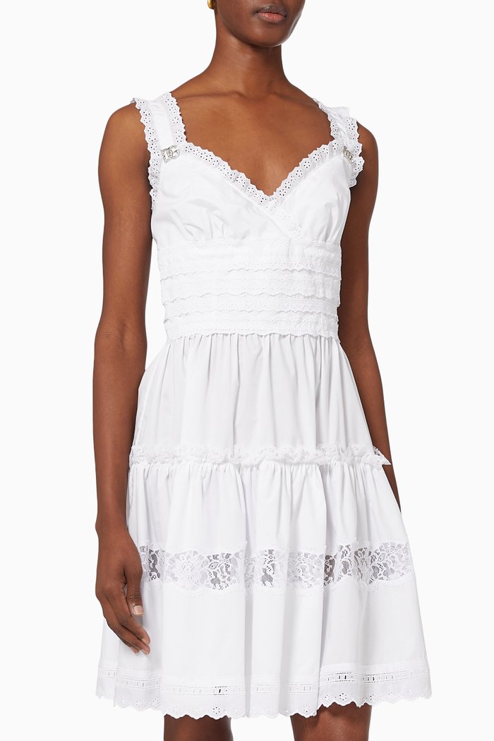 Crystal DG Broderie Anglaise Mini Dress in Cotton Poplin, White