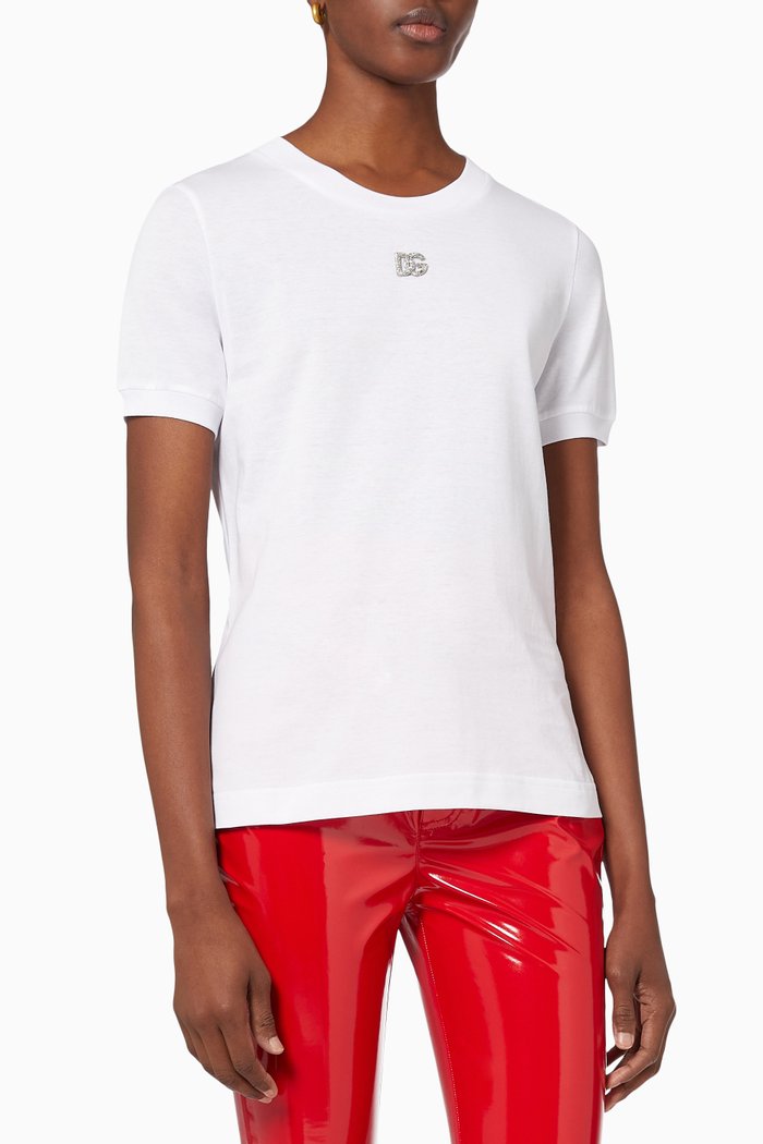 Crystal Embellished Logo T-Shirt in Cotton, White
