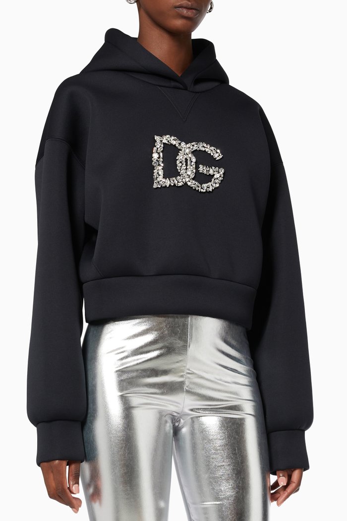 

Crystal Embellished Logo Hoodie in Technical Jersey, Black