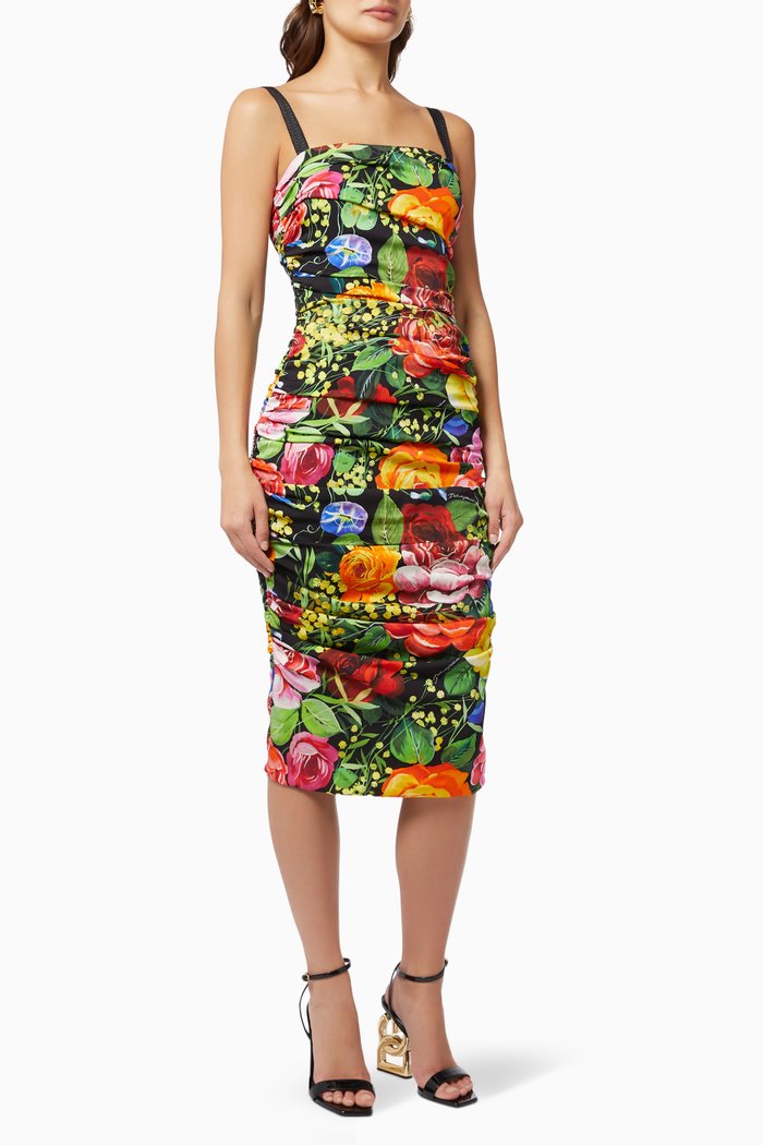 

Renaissance Midi Dress in Bouquet-Print Charmeuse, Multicolour