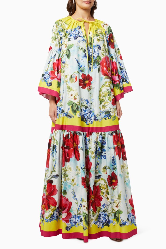 

Garden Print Oversized Kaftan in Cotton Poplin, Blue