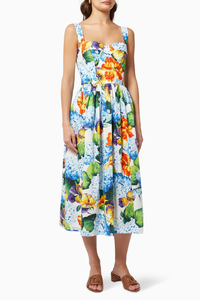 

Hydrangea Corset Midi Dress in Cotton Poplin, Blue