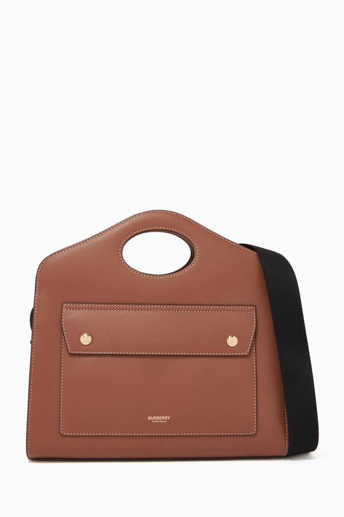 

Small Pocket Tote Bag in Topstitched Leather, Brown