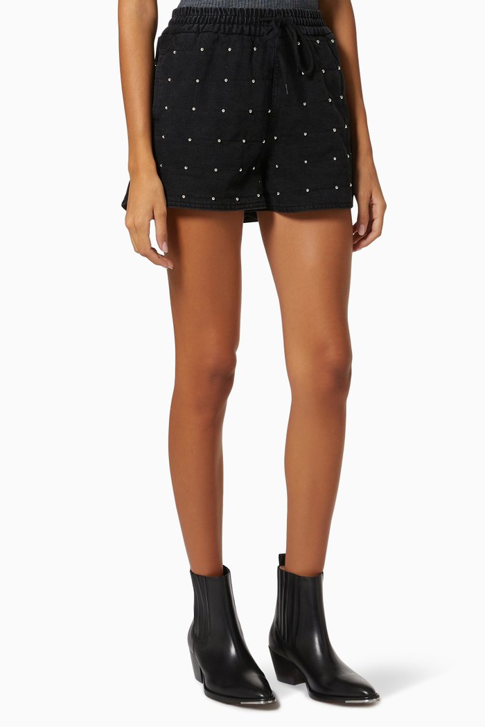 

Studded Shorts in Quilted Cotton Denim, Black