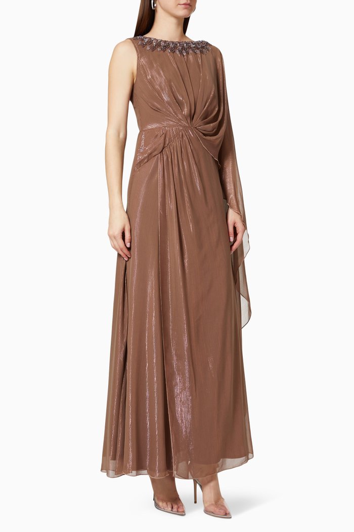 

Bead Embellished Cape Dress, Brown