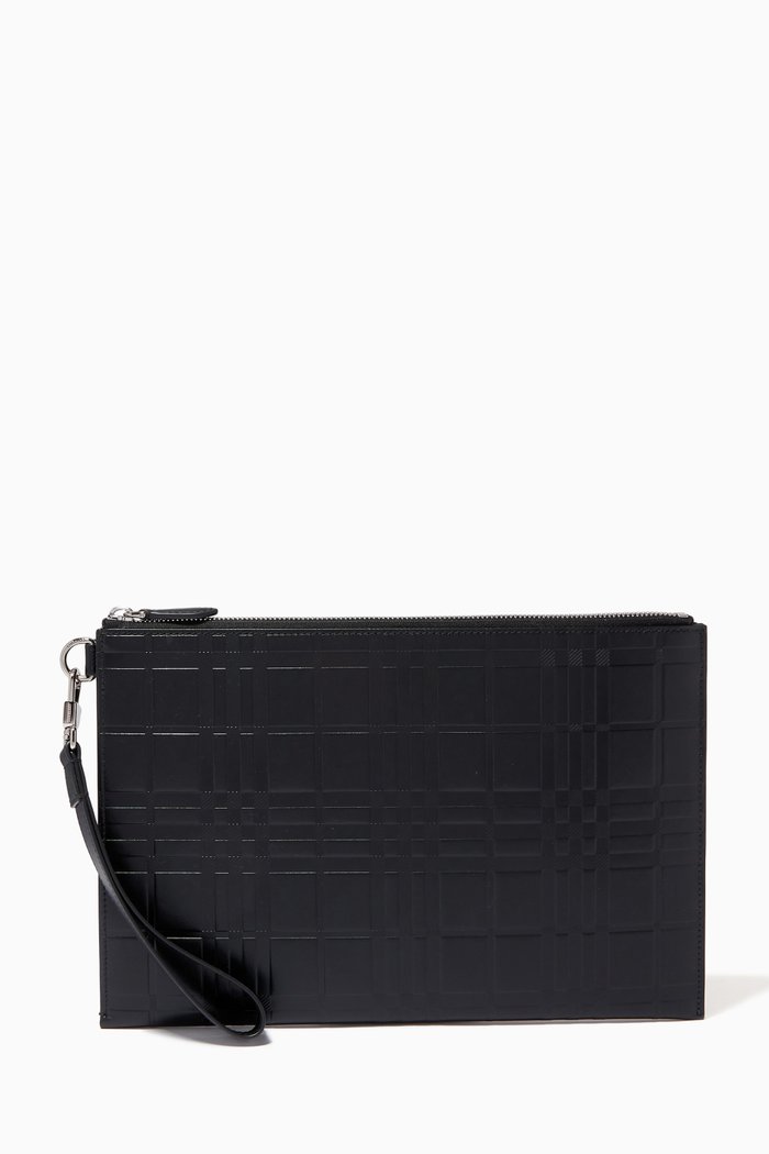 Large Zip Pouch in Check Leather, Black