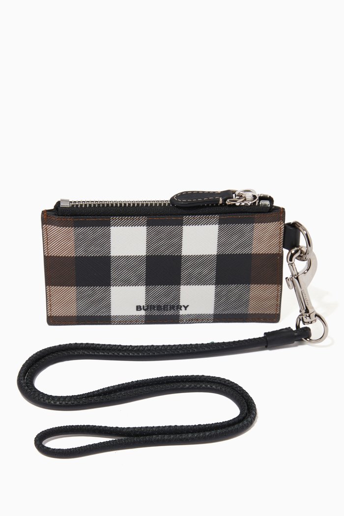 

Tartan Check Card Case Lanyard in Leather, Brown