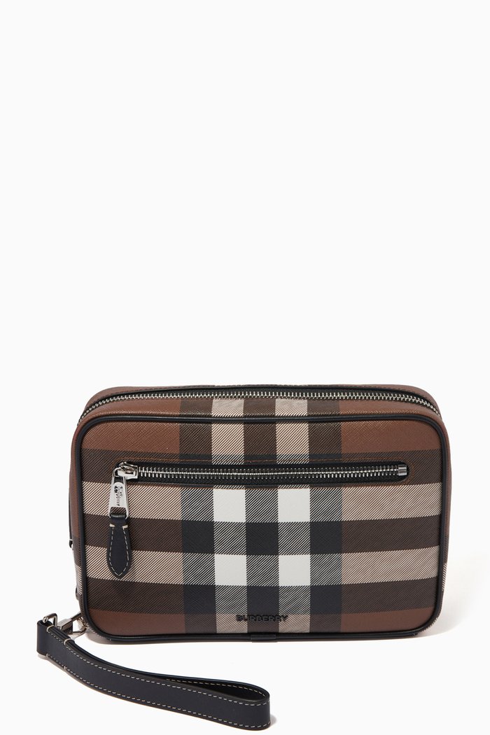 

Zip Pouch in Check E-Canvas & Leather, Brown
