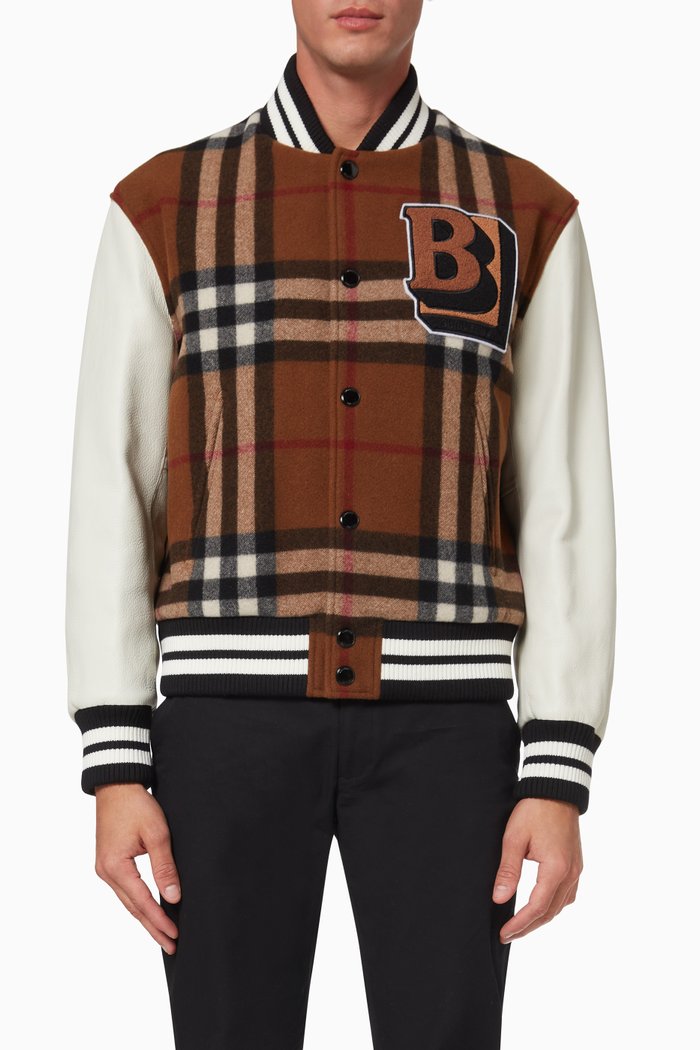 

Letter Graphic Bomber Jacket in Check Technical Wool, Brown