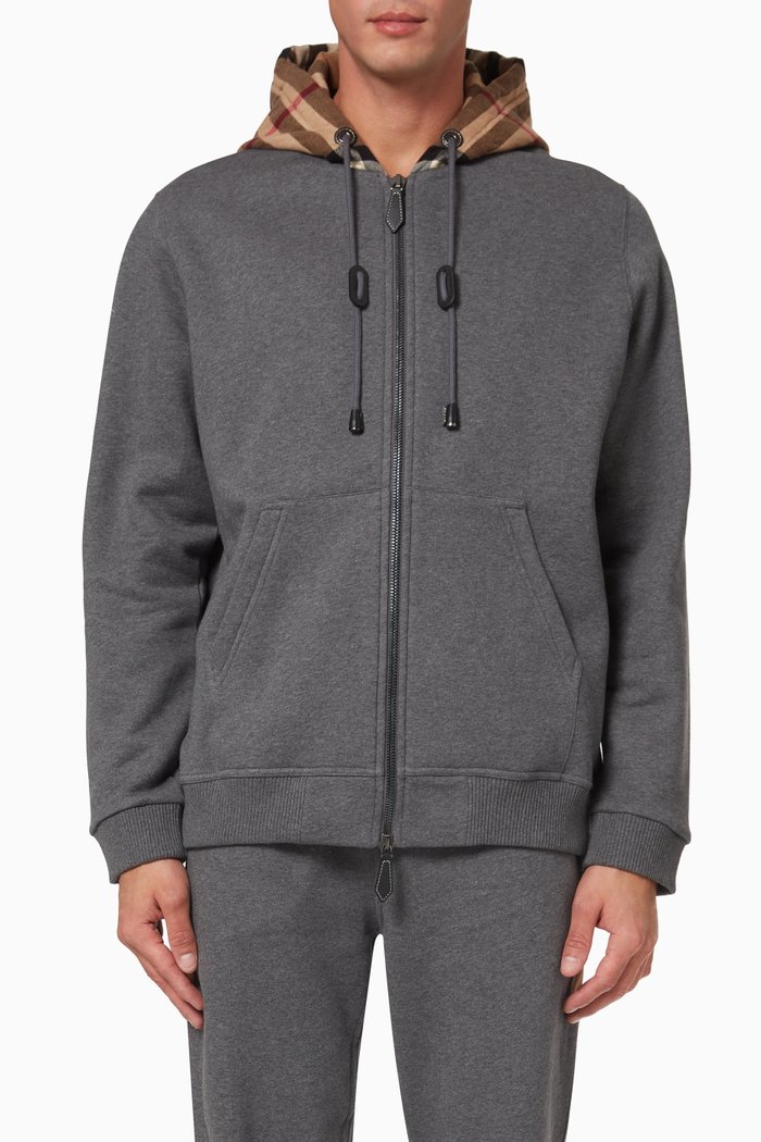 

Check Hood Hoodie in Brushed-back Cotton Blend, Grey