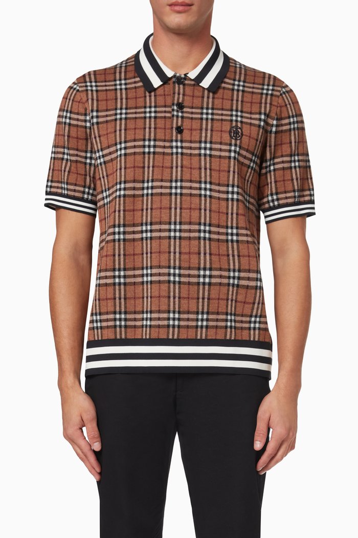 

Monogram Motif Check Polo Shirt in Wool Jacquard, Brown
