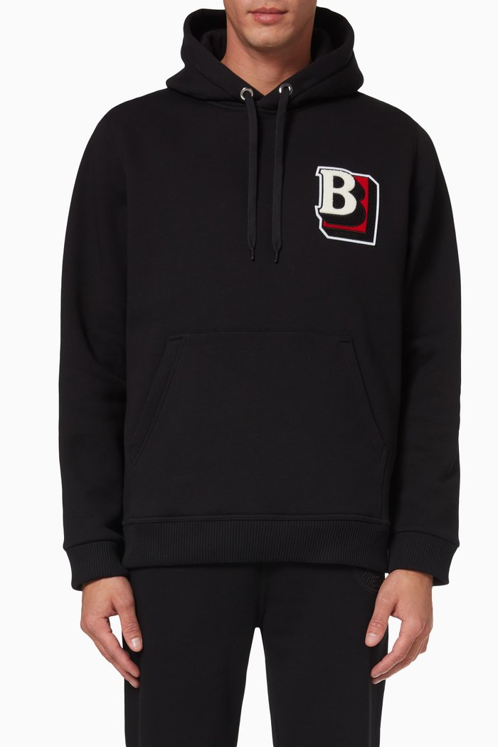 

Letter Graphic Hoodie in Brushed-back Cotton Blend, Black