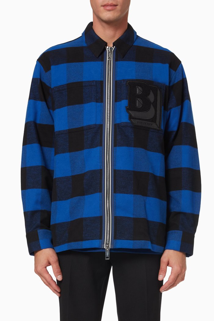 

Letter Graphic Zip-front Shirt in Check Cotton Flannel, Blue