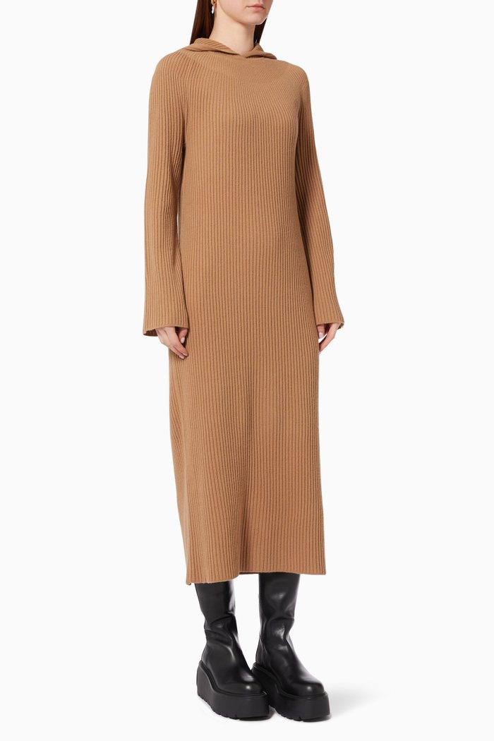 

Hooded Dress in Felted Wool Cashmere Blend, Neutral