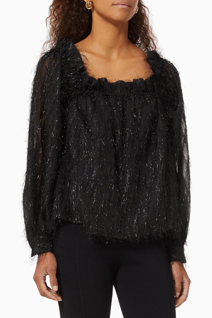 

Sparkly Square-neck Blouse, Black