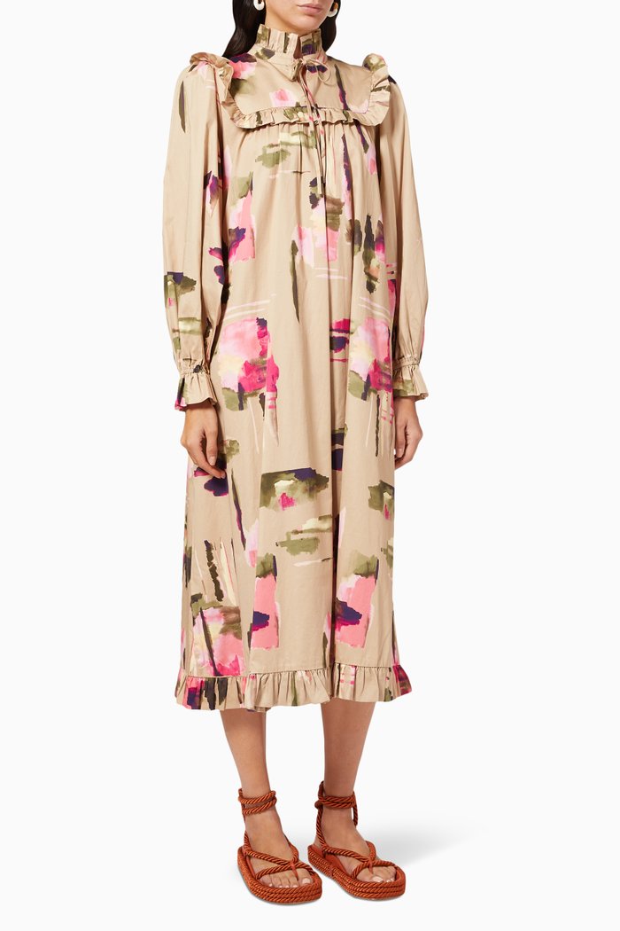 Woodie Floral Print Midi Dress in Organic Cotton, Brown