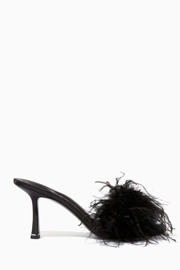 

Lulu Mule Heels in Ostrich Feather & Leather, Black