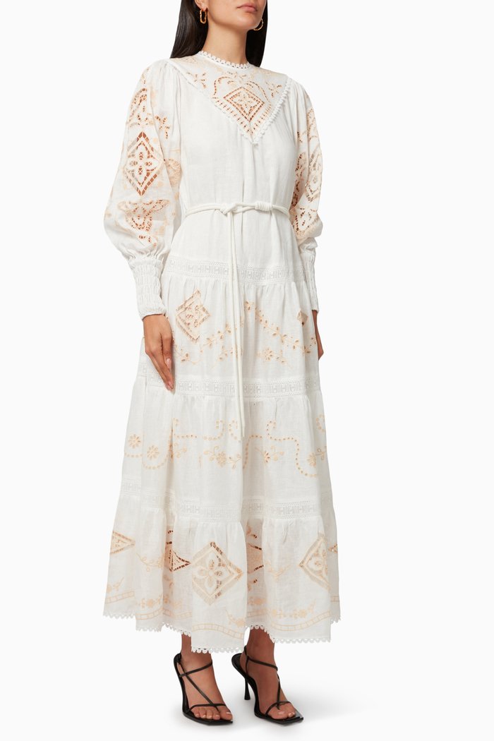 Cecilia Embroidered Midi Dress in Linen, Neutral