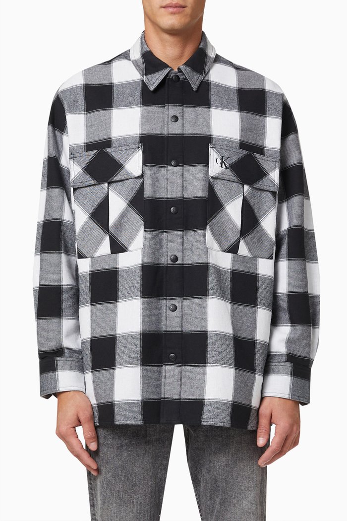 

Oversized Check Shirt Jacket in Cotton Blend, Black