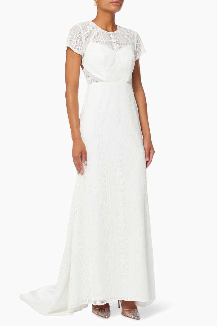 

Yasroberta Train Dress in Semi-sheer Floral Lace, White