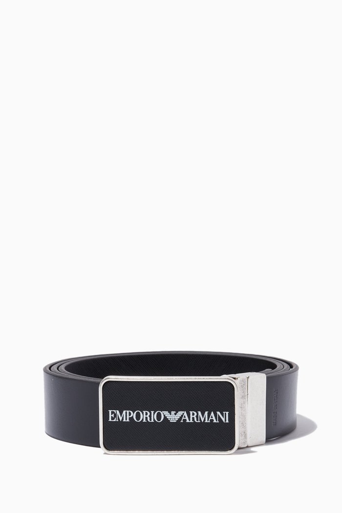 EA Logo Plaque Belt in Leather, Black
