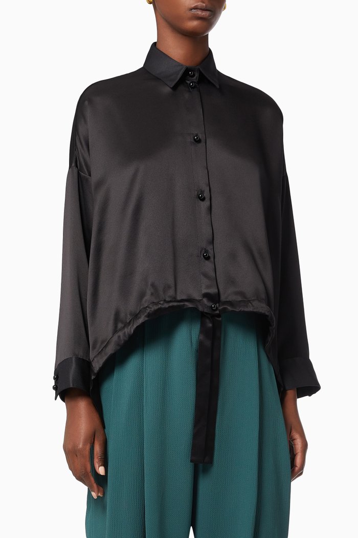 

Drawstring Shirt in Silk Satin, Black