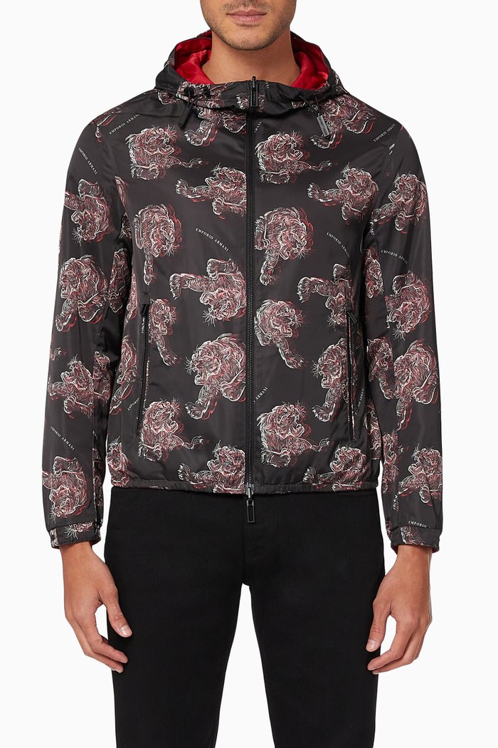 

Tiger Print Hooded Reversible Bomber Jacket, Black