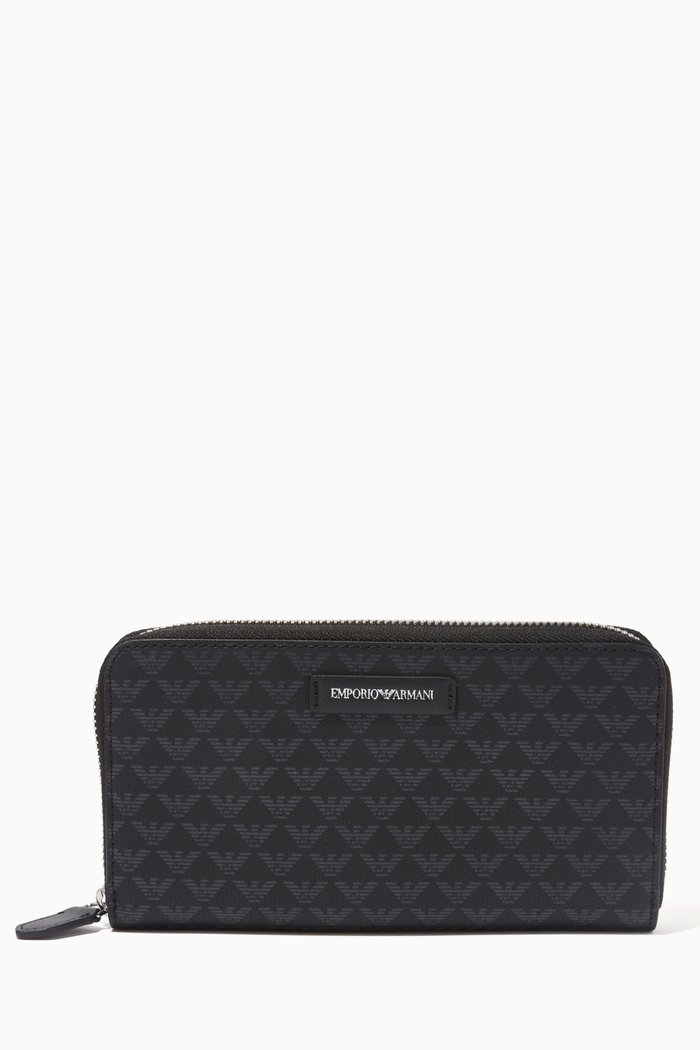 

EA Monogram Zip-around Wallet in Grained Leather, Black
