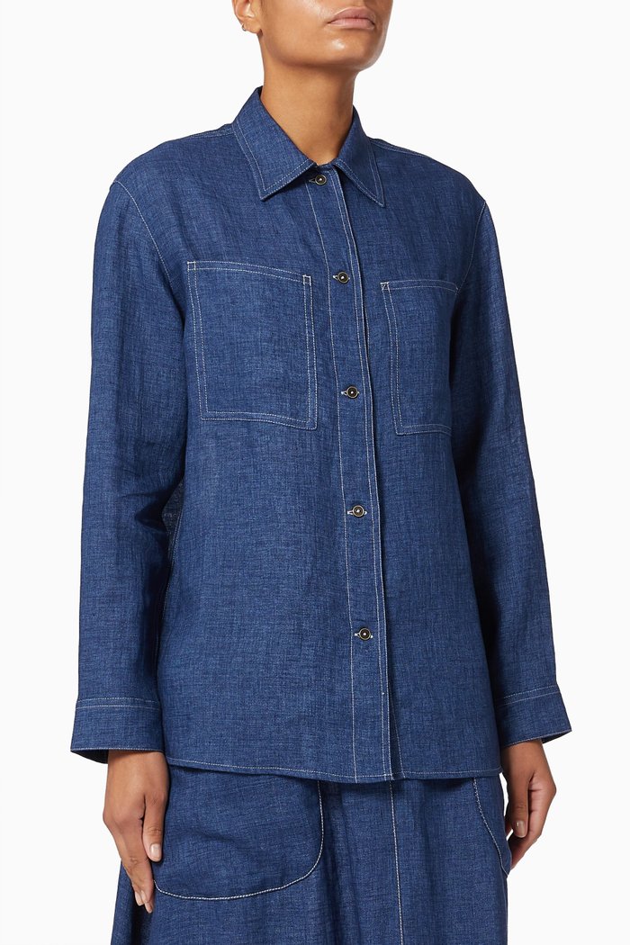 

Long Sleeve Shirt in Linen Chambray, Blue