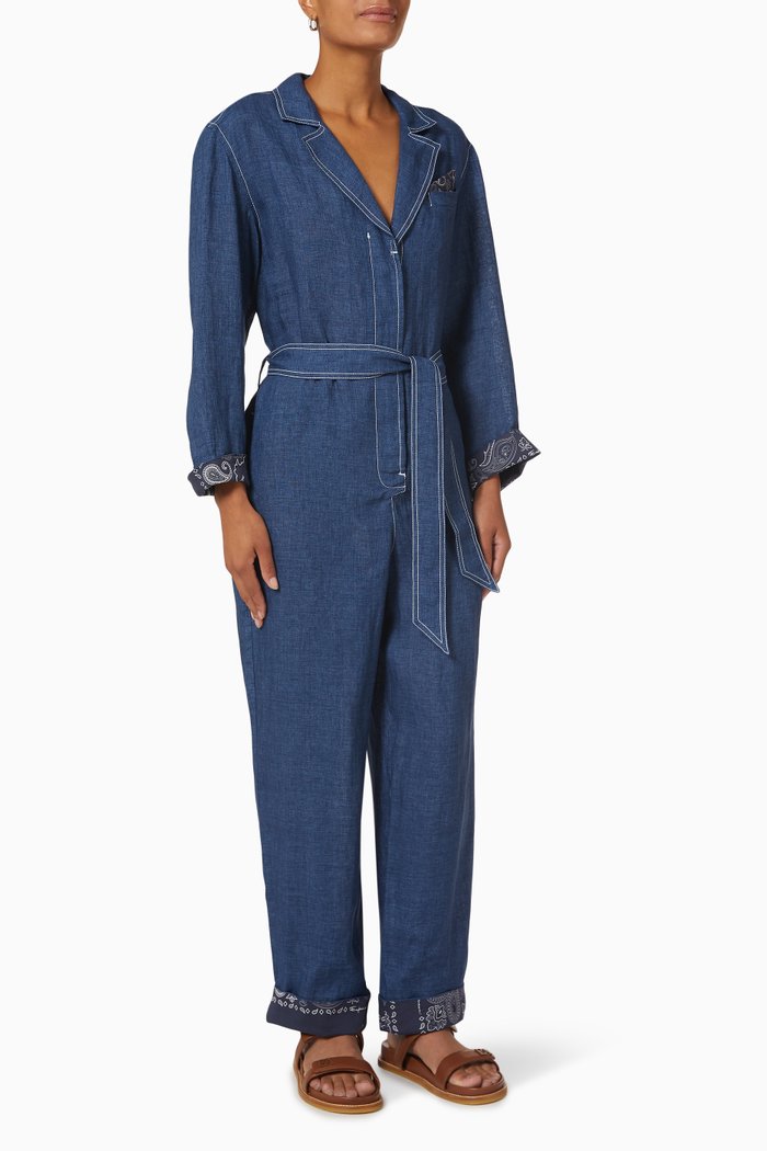 

Belted Jumpsuit in Linen Chambray, Blue