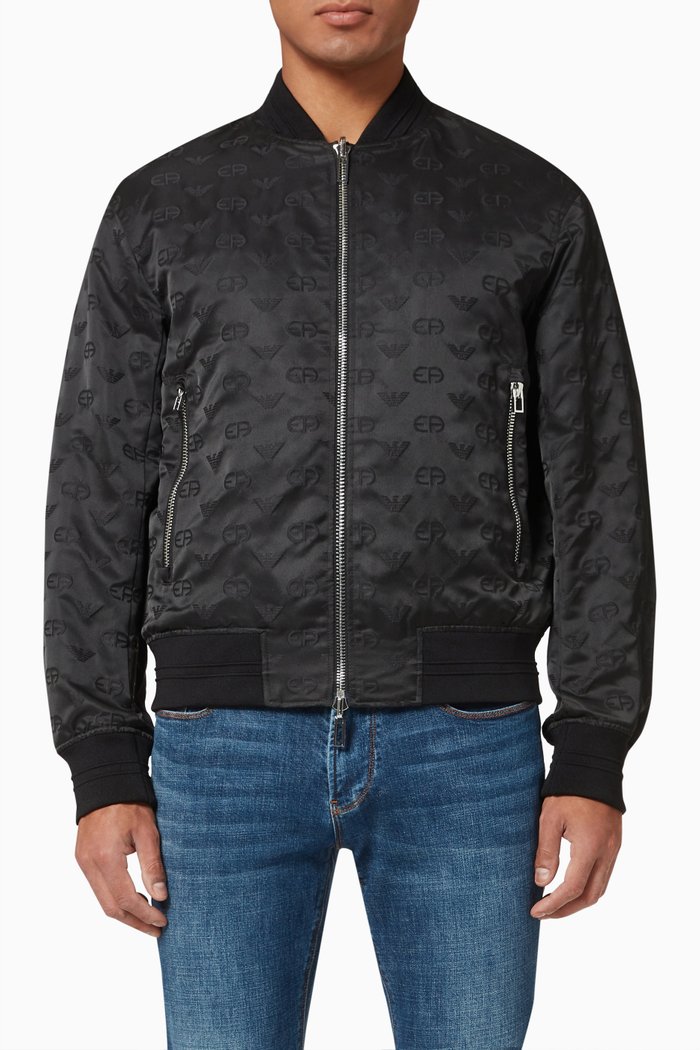 

EA Monogram Bomber Jacket in Satin, Black