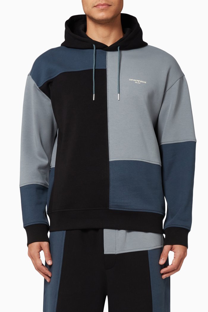 

Colourblock Hoodie in Cotton Jersey, Blue