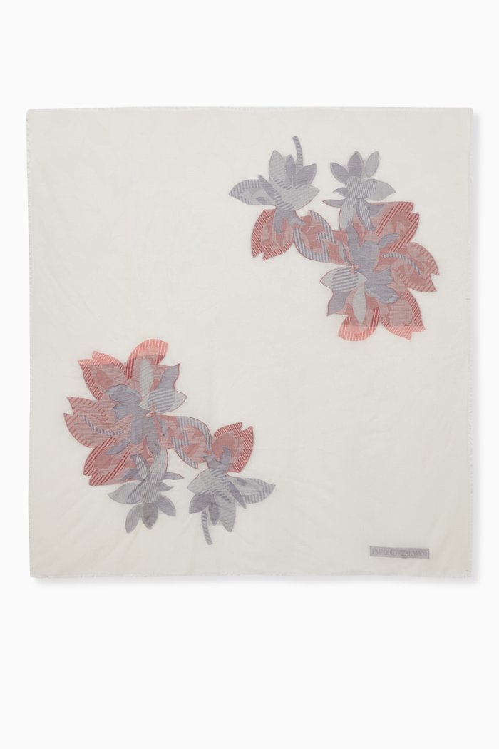 

EA Logo Floral Scarf in Modal, White