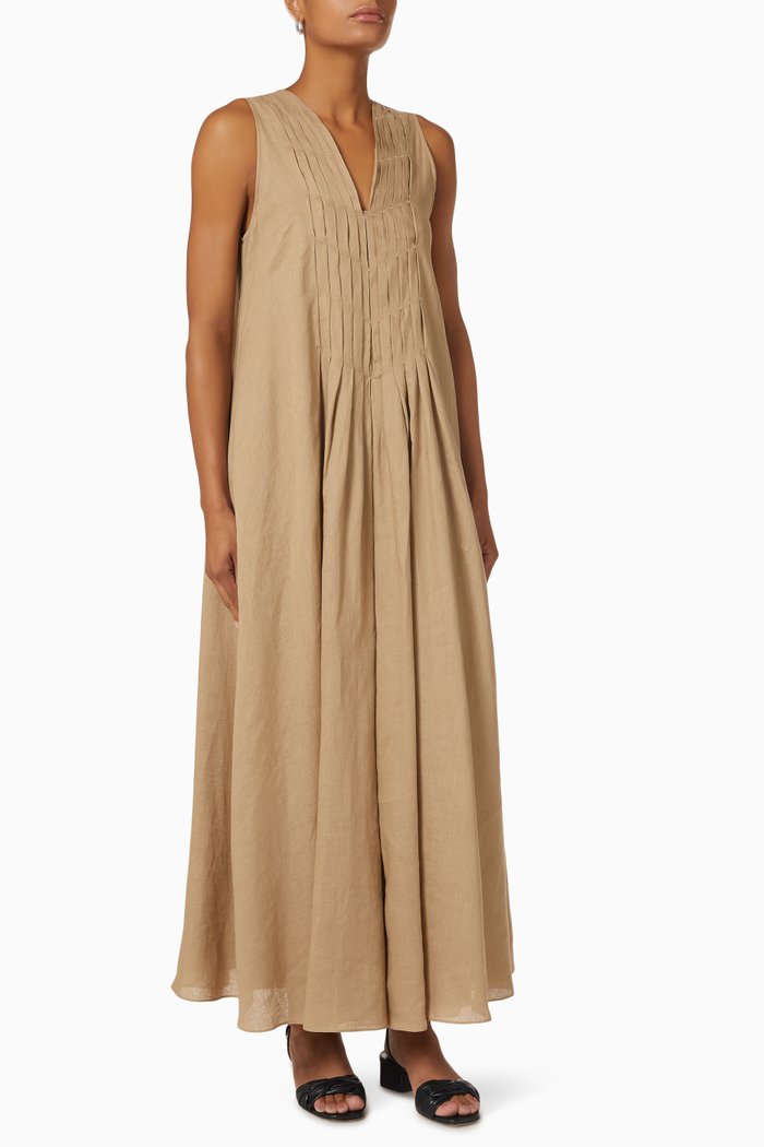 

Front Pleat Dress in Linen, Neutral