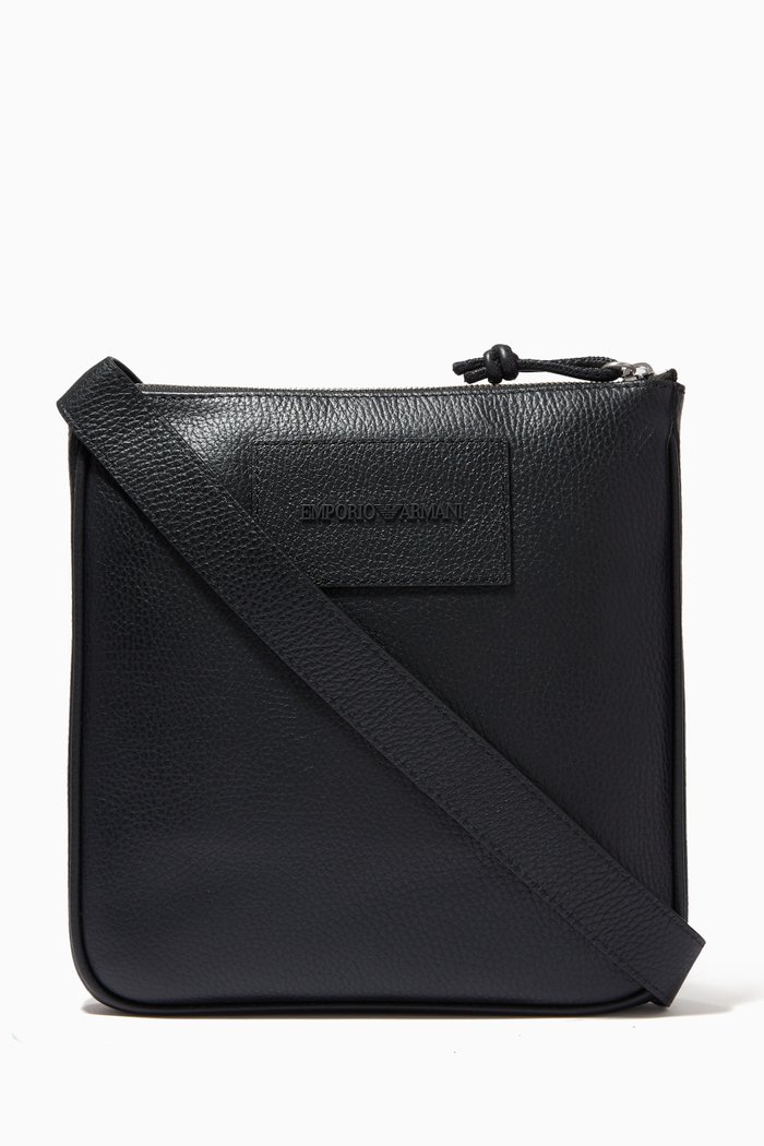 

EA Flat Crossbody Bag in Tumbled Leather, Black
