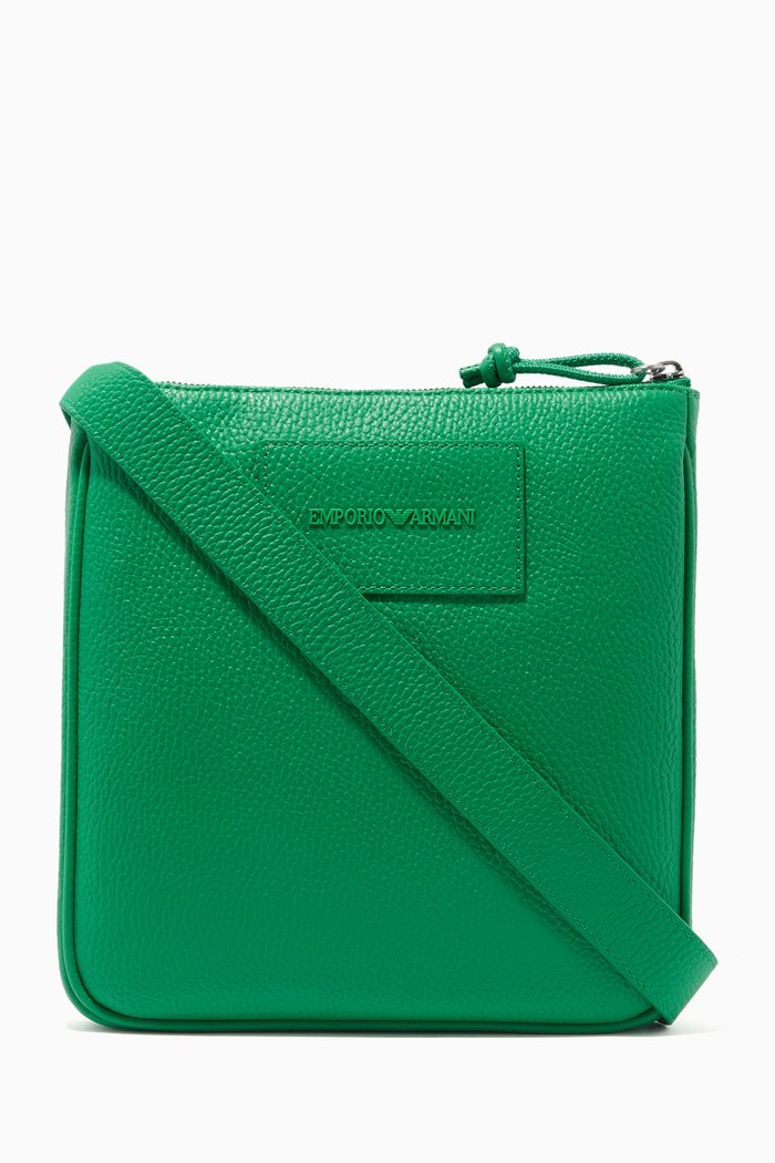 EA Flat Crossbody Bag in Tumbled Leather, Green