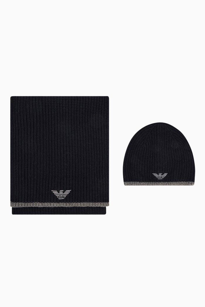 

Eagle Logo Scarf & Hat Set in Rib Knit, Black