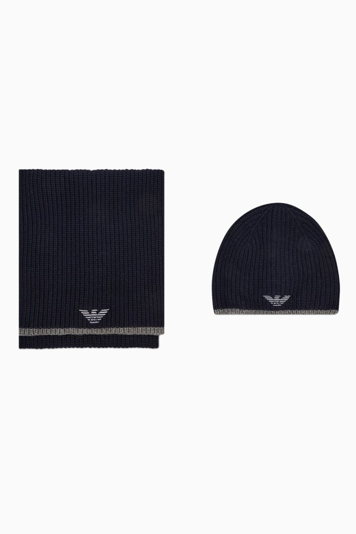

Eagle Logo Scarf & Hat Set in Rib Knit, Blue