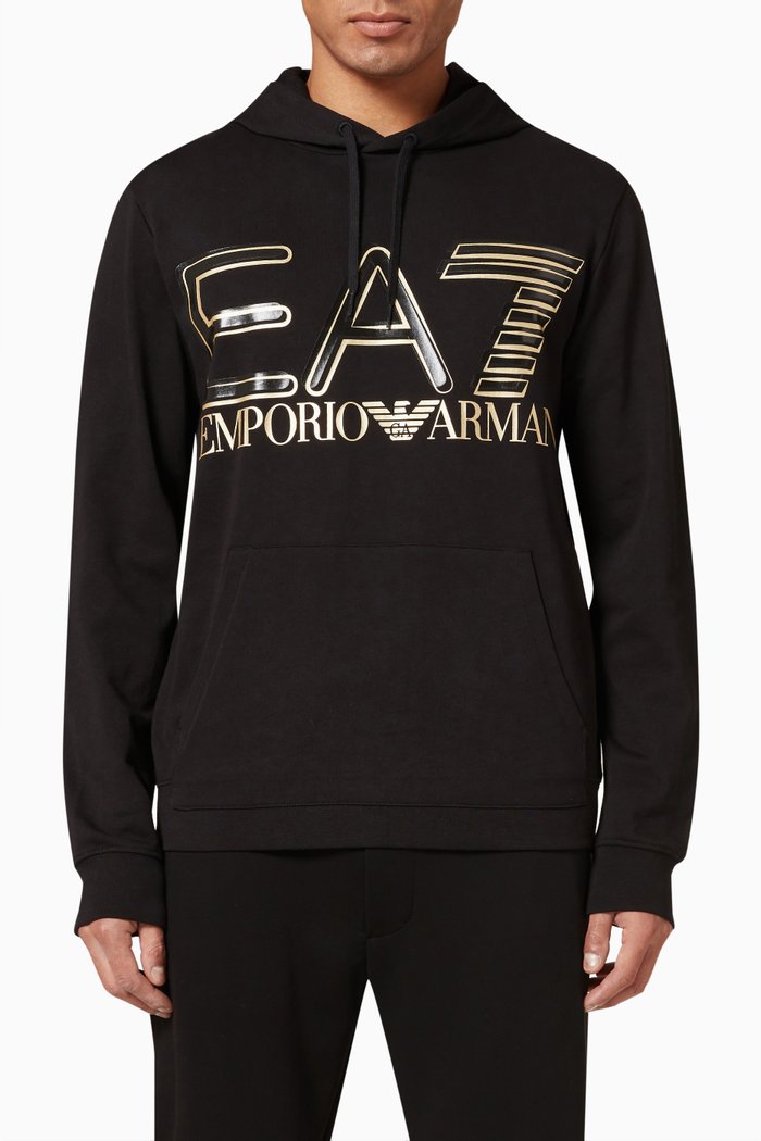 

EA7 Train Logo Series Hoodie in Cotton Fleece, Black
