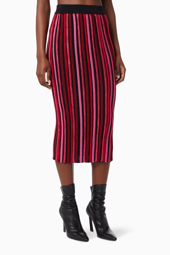 

Striped Pencil Midi Skirt in Lamé, Red